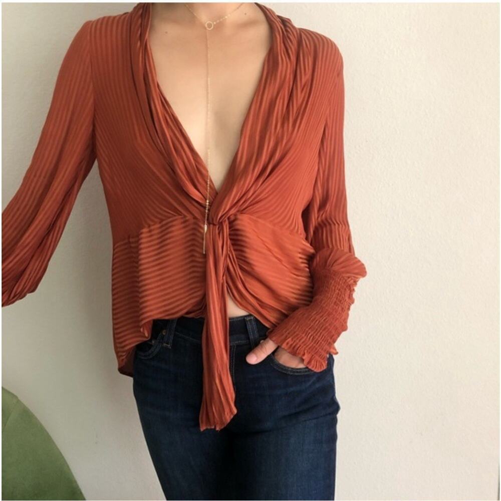 Current Air Blouse Size Small Rust Orange Striped Long Sleeve Anthropologie Boho - Picture 2 of 13